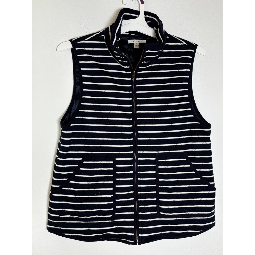 Miami‎ Womens Quilted Puffer Vest Navy Blue White Striped Full Zip Mock Neck M